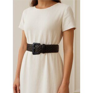 Womens Black Braided Woven Belt Rectangular Buckle Casual Dress Accessory